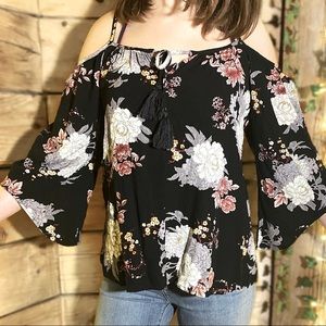 Black Open Shoulder Floral Top